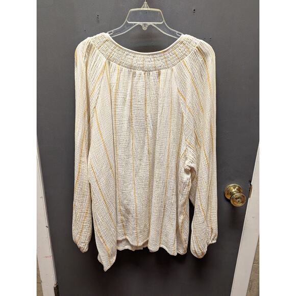 Ava & Viv Size 2X Plus Blouse Top Yellow Cream Stripe Cotton blouson long sleeve - Picture 2 of 6